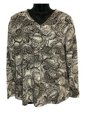 New Directions Womens V-Neck Long Sleeve Paisley Top Large Brown Beige